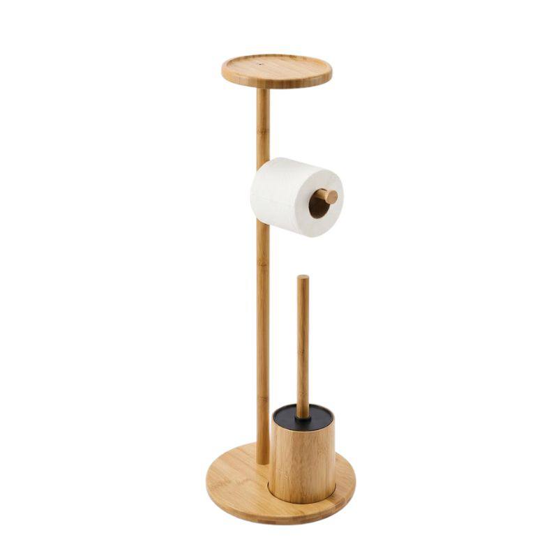 Porte-Papier Toilette sur Pied avec Brosse WC et Tablette en Bambou
