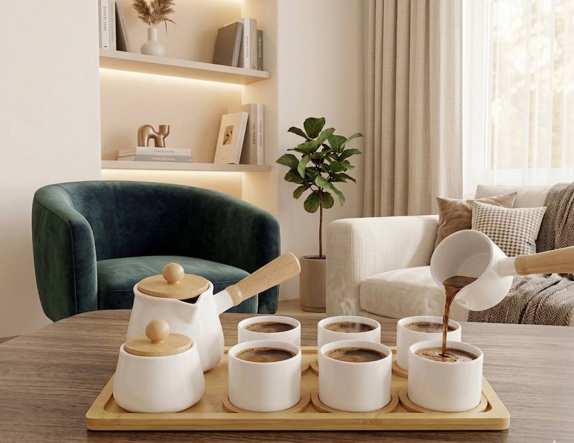 Service à Café Scandinave en Céramique et Bambou