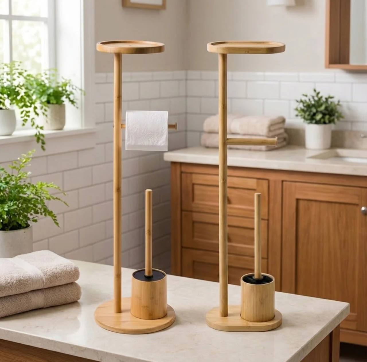 Porte-Papier Toilette sur Pied avec Brosse WC et Tablette en Bambou
