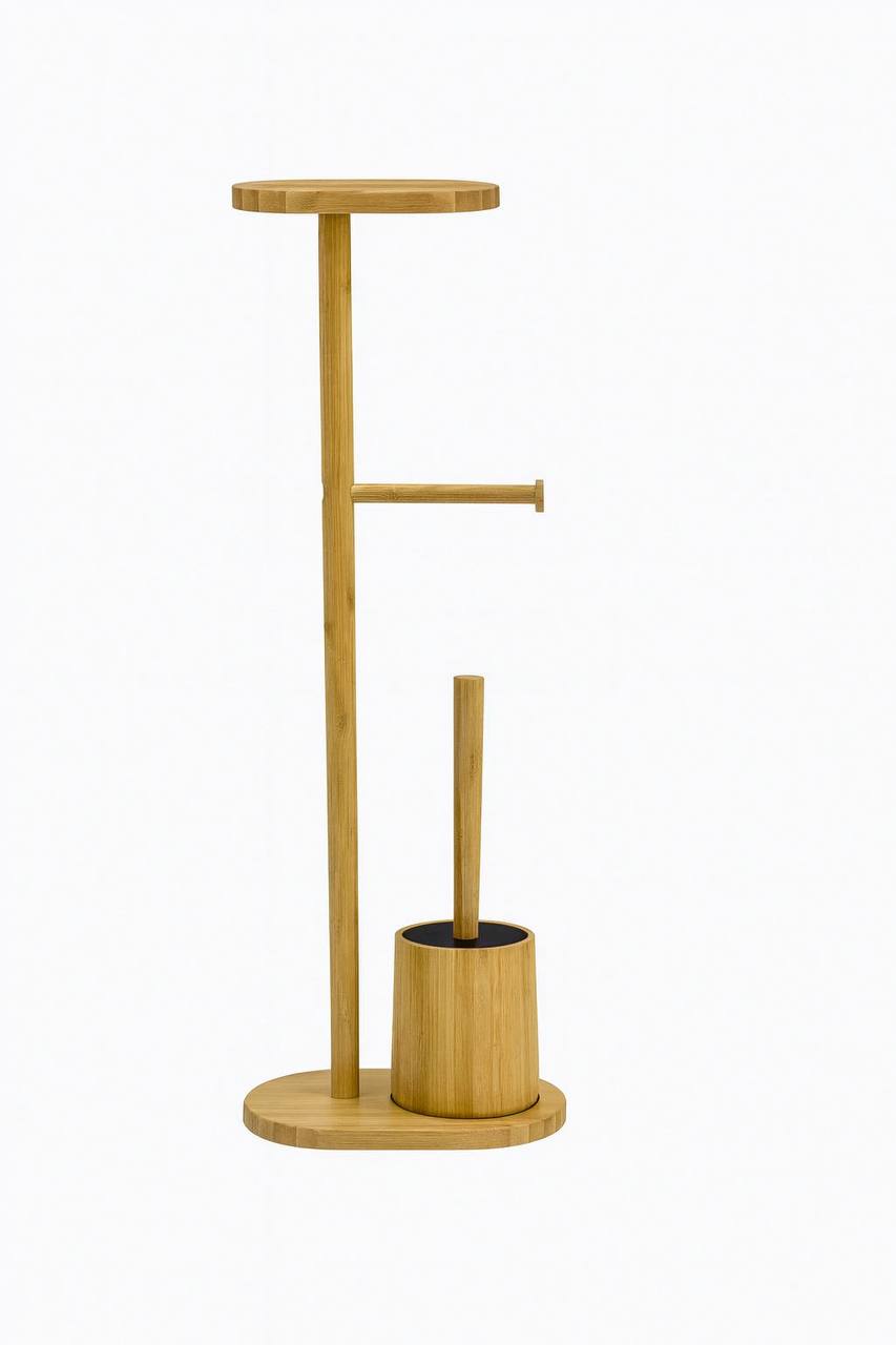 Porte-Papier Toilette sur Pied avec Brosse WC et Tablette en Bambou