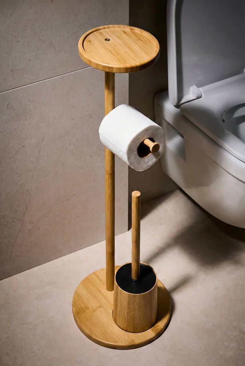 Porte-Papier Toilette sur Pied avec Brosse WC et Tablette en Bambou