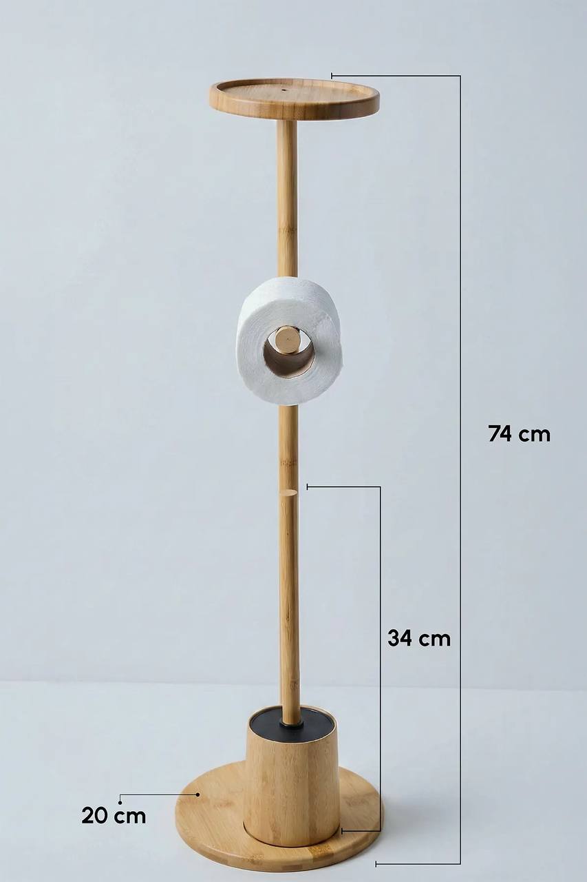 Porte-Papier Toilette sur Pied avec Brosse WC et Tablette en Bambou