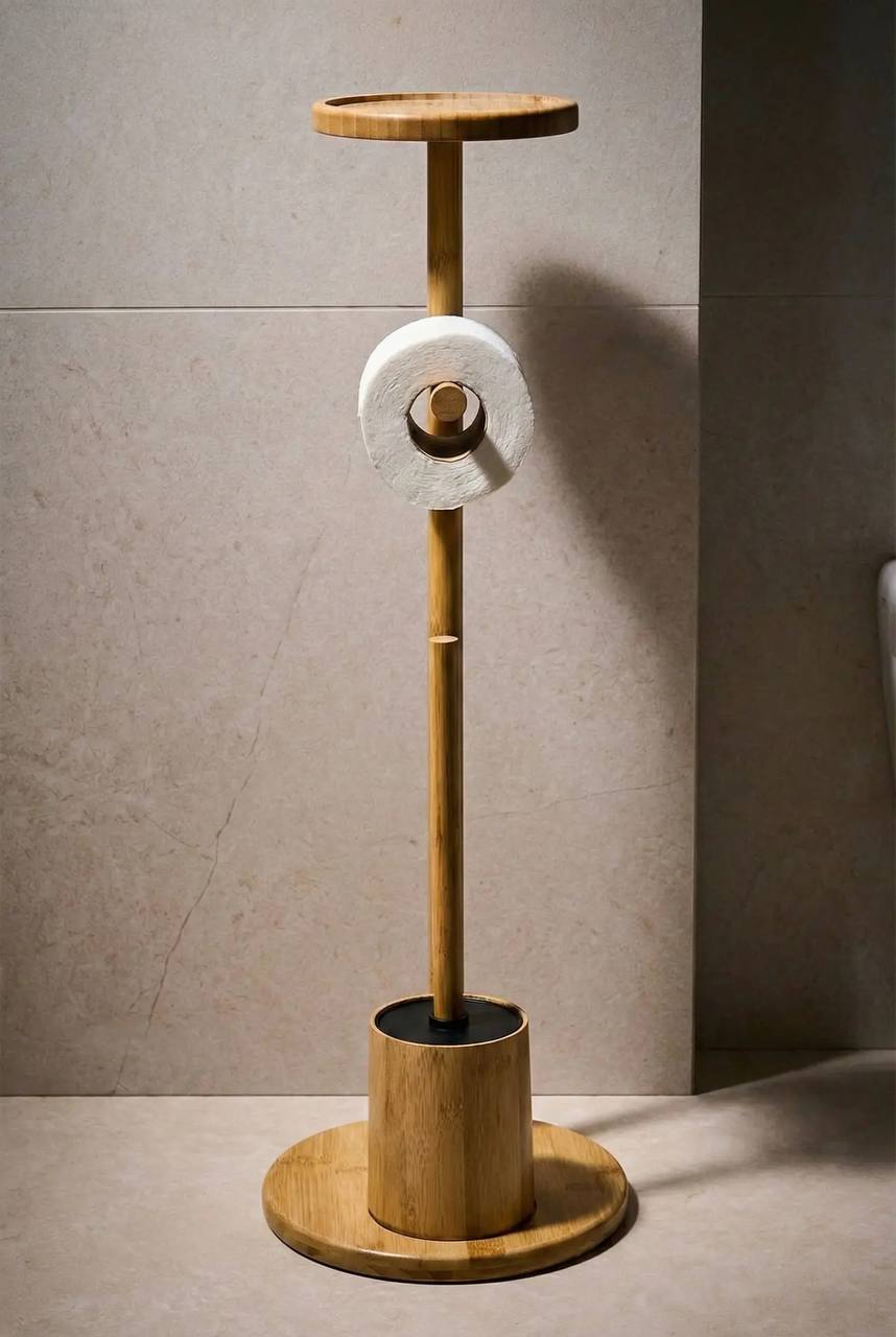 Porte-Papier Toilette sur Pied avec Brosse WC et Tablette en Bambou