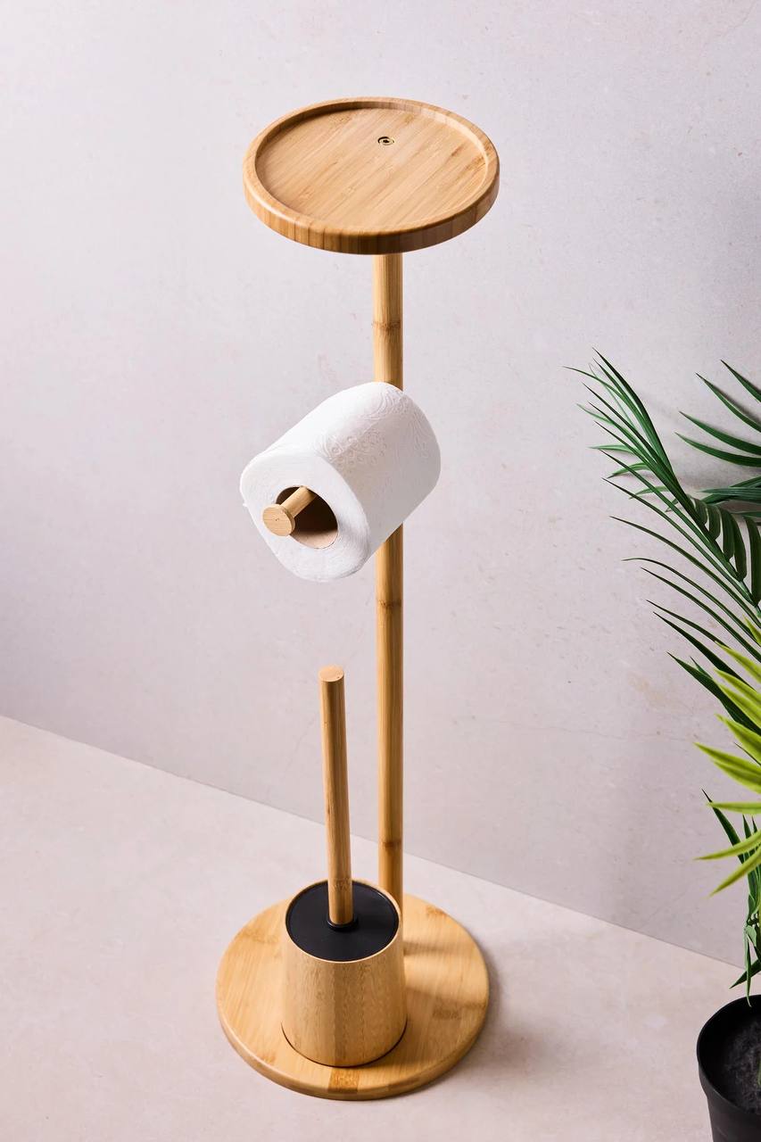 Porte-Papier Toilette sur Pied avec Brosse WC et Tablette en Bambou