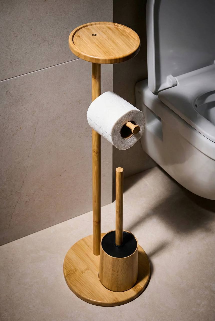Porte-Papier Toilette sur Pied avec Brosse WC et Tablette en Bambou
