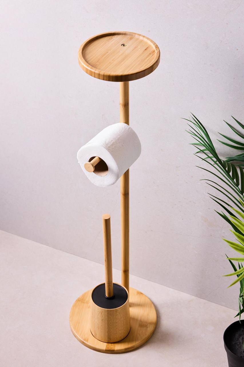 Porte-Papier Toilette sur Pied avec Brosse WC et Tablette en Bambou