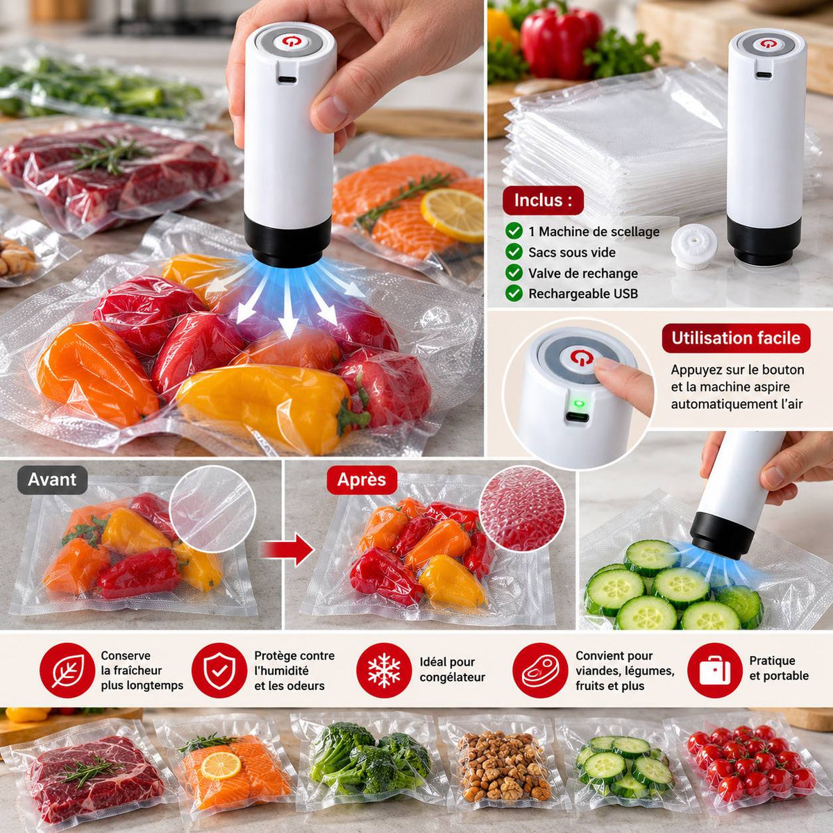 Kit Sous Vide Alimentaire 🔋 + 20 Sachets Inclus