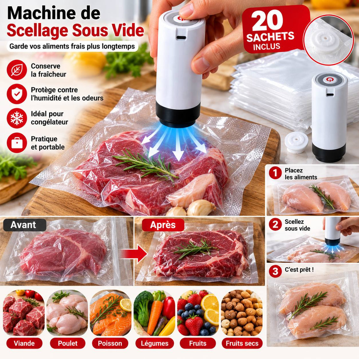 Kit Sous Vide Alimentaire 🔋 + 20 Sachets Inclus