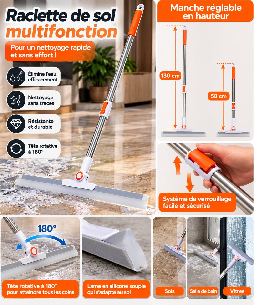Raclette de Sol Multifonction en Silicone – Manche Télescopique