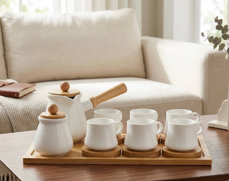 Service à Café Scandinave en Céramique et Bambou