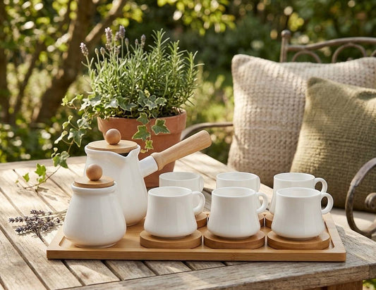 Service à Café Scandinave en Céramique et Bambou