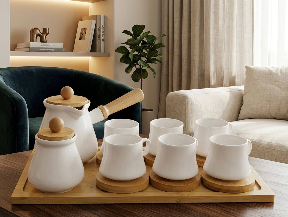 Service à Café Scandinave en Céramique et Bambou