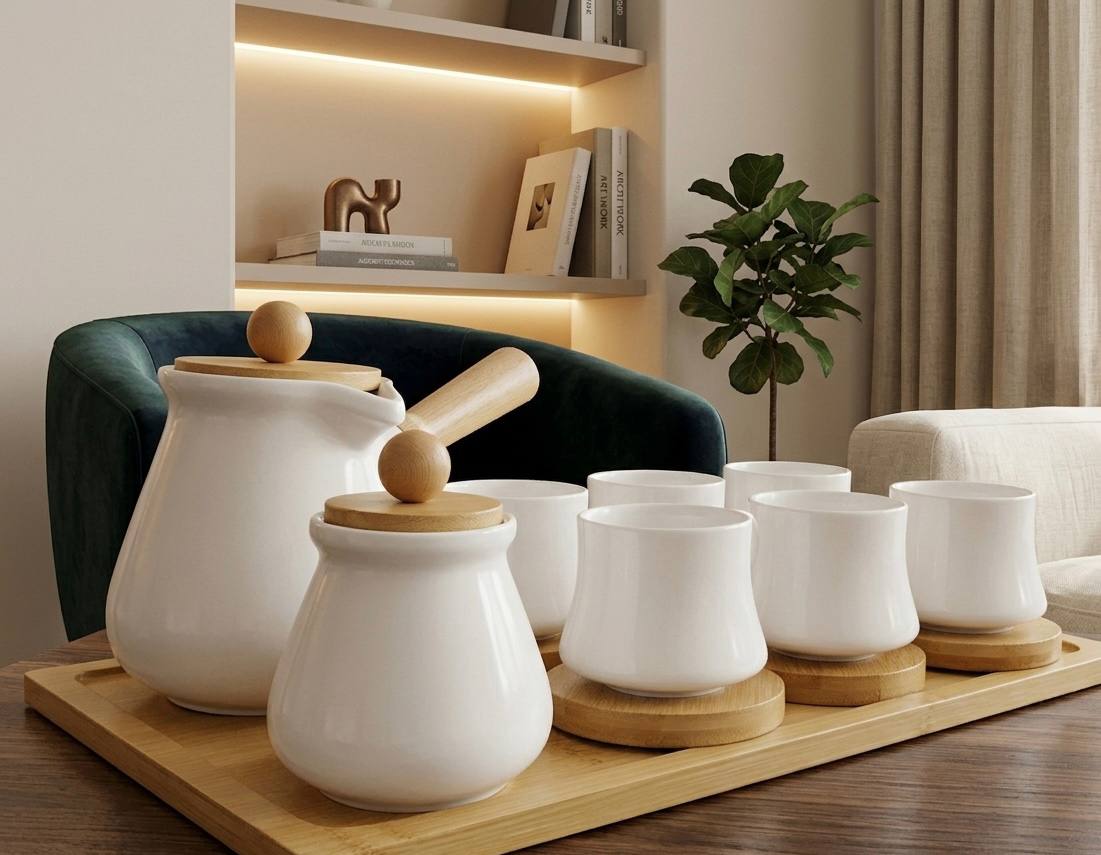 Service à Café Scandinave en Céramique et Bambou